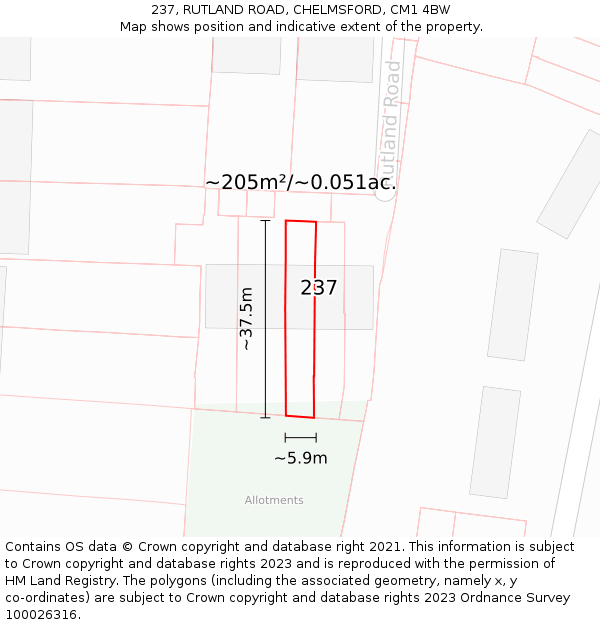 237, RUTLAND ROAD, CHELMSFORD, CM1 4BW: Plot and title map