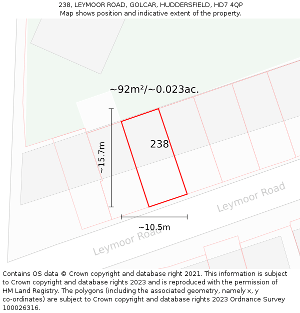 238, LEYMOOR ROAD, GOLCAR, HUDDERSFIELD, HD7 4QP: Plot and title map
