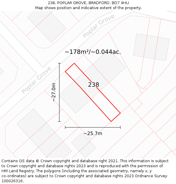 238, POPLAR GROVE, BRADFORD, BD7 4HU: Plot and title map