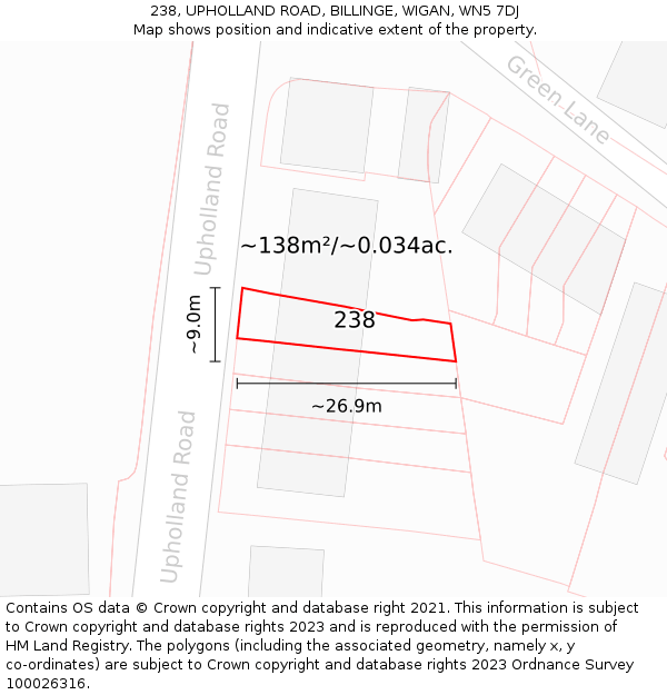 238, UPHOLLAND ROAD, BILLINGE, WIGAN, WN5 7DJ: Plot and title map