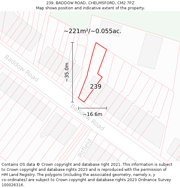 239, BADDOW ROAD, CHELMSFORD, CM2 7PZ: Plot and title map