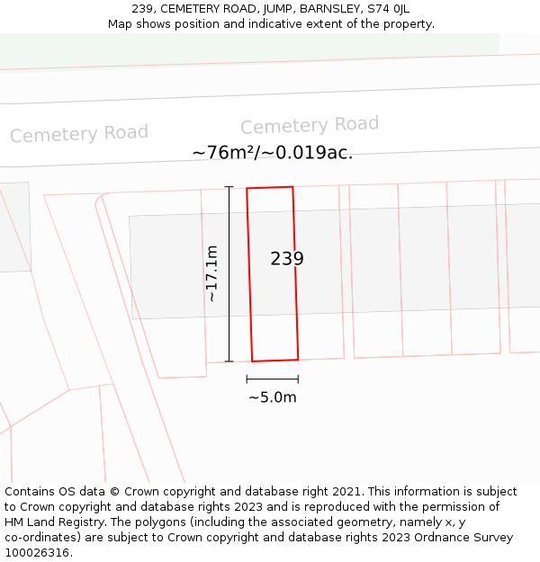 239, CEMETERY ROAD, JUMP, BARNSLEY, S74 0JL: Plot and title map