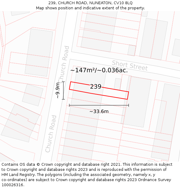 239, CHURCH ROAD, NUNEATON, CV10 8LQ: Plot and title map