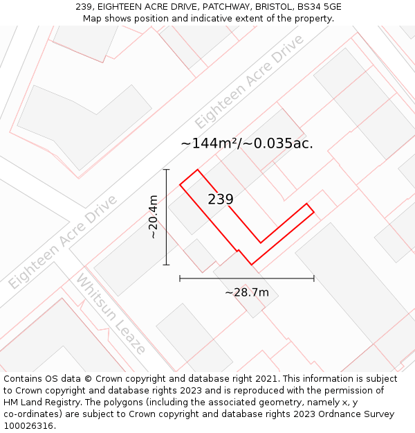 239, EIGHTEEN ACRE DRIVE, PATCHWAY, BRISTOL, BS34 5GE: Plot and title map