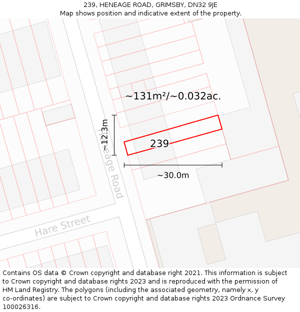 239, HENEAGE ROAD, GRIMSBY, DN32 9JE: Plot and title map