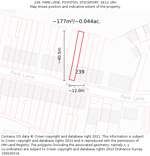 239, PARK LANE, POYNTON, STOCKPORT, SK12 1RH: Plot and title map