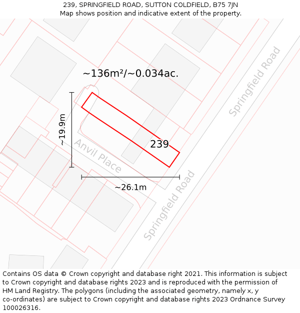 239, SPRINGFIELD ROAD, SUTTON COLDFIELD, B75 7JN: Plot and title map