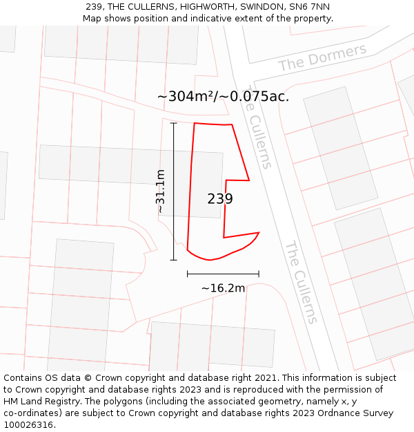 239, THE CULLERNS, HIGHWORTH, SWINDON, SN6 7NN: Plot and title map