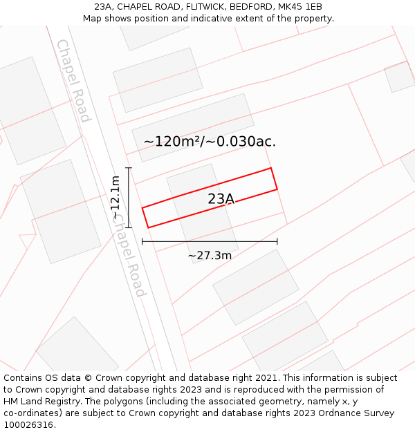 23A, CHAPEL ROAD, FLITWICK, BEDFORD, MK45 1EB: Plot and title map