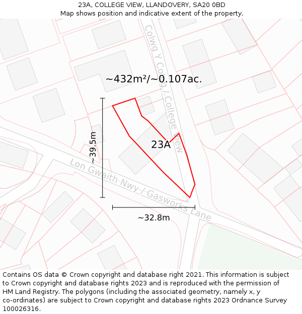 23A, COLLEGE VIEW, LLANDOVERY, SA20 0BD: Plot and title map