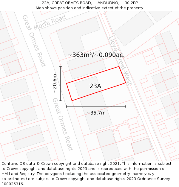 23A, GREAT ORMES ROAD, LLANDUDNO, LL30 2BP: Plot and title map
