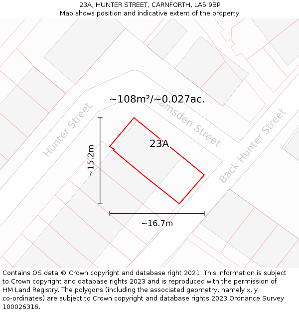 23A, HUNTER STREET, CARNFORTH, LA5 9BP: Plot and title map