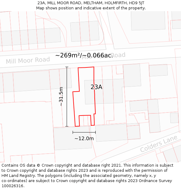 23A, MILL MOOR ROAD, MELTHAM, HOLMFIRTH, HD9 5JT: Plot and title map