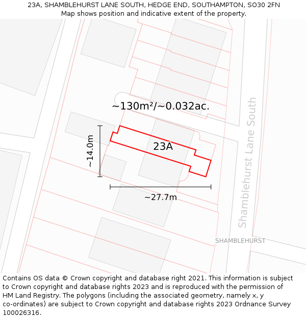 23A, SHAMBLEHURST LANE SOUTH, HEDGE END, SOUTHAMPTON, SO30 2FN: Plot and title map