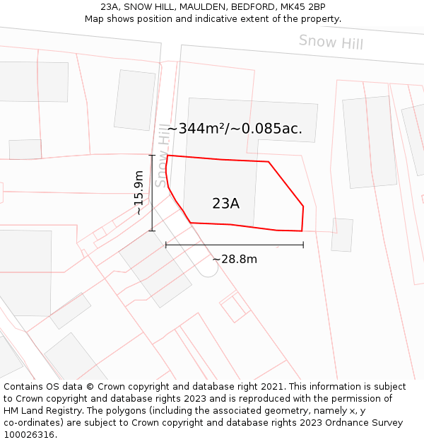 23A, SNOW HILL, MAULDEN, BEDFORD, MK45 2BP: Plot and title map