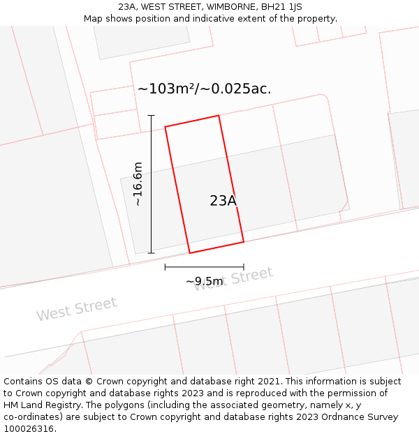 23A, WEST STREET, WIMBORNE, BH21 1JS: Plot and title map