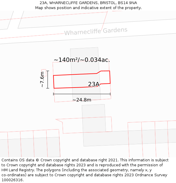 23A, WHARNECLIFFE GARDENS, BRISTOL, BS14 9NA: Plot and title map