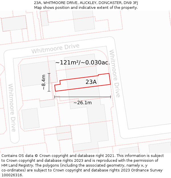23A, WHITMOORE DRIVE, AUCKLEY, DONCASTER, DN9 3FJ: Plot and title map