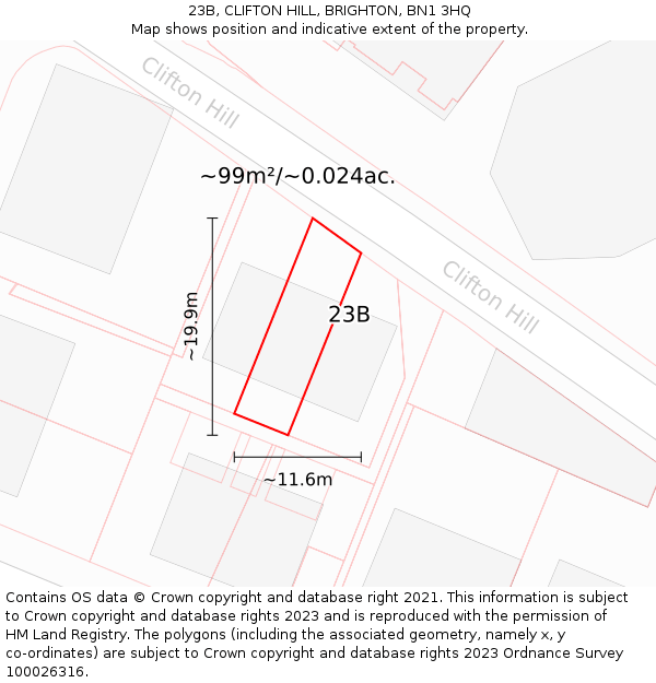 23B, CLIFTON HILL, BRIGHTON, BN1 3HQ: Plot and title map