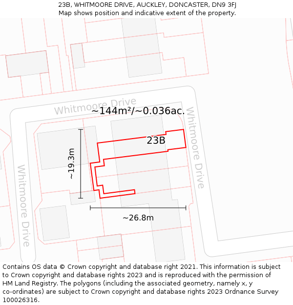 23B, WHITMOORE DRIVE, AUCKLEY, DONCASTER, DN9 3FJ: Plot and title map