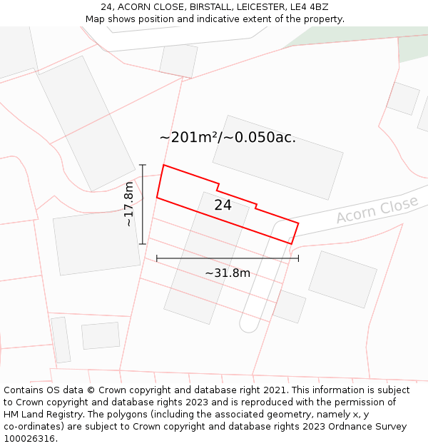 24, ACORN CLOSE, BIRSTALL, LEICESTER, LE4 4BZ: Plot and title map