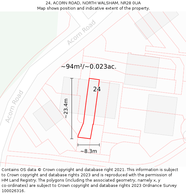 24, ACORN ROAD, NORTH WALSHAM, NR28 0UA: Plot and title map