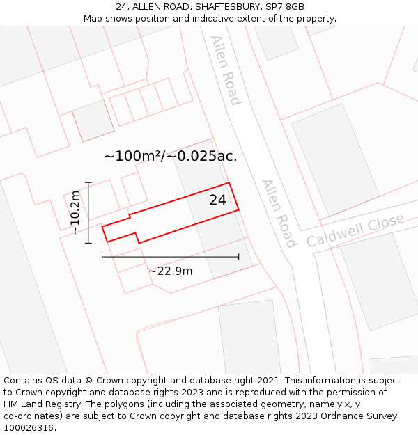 24, ALLEN ROAD, SHAFTESBURY, SP7 8GB: Plot and title map