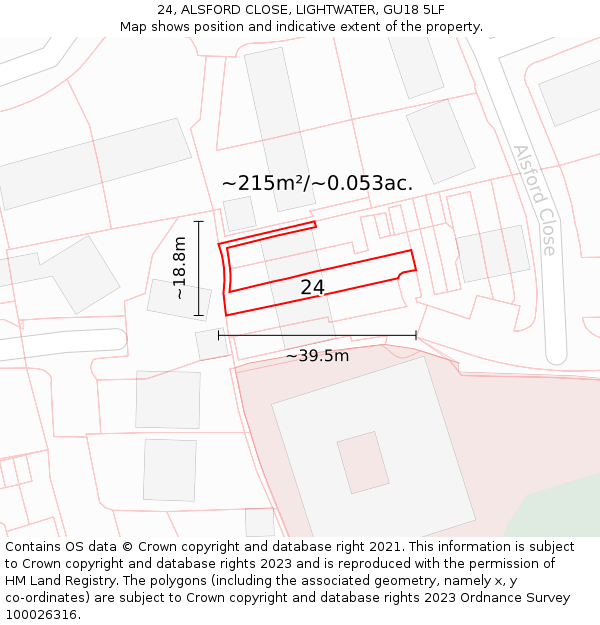 24, ALSFORD CLOSE, LIGHTWATER, GU18 5LF: Plot and title map