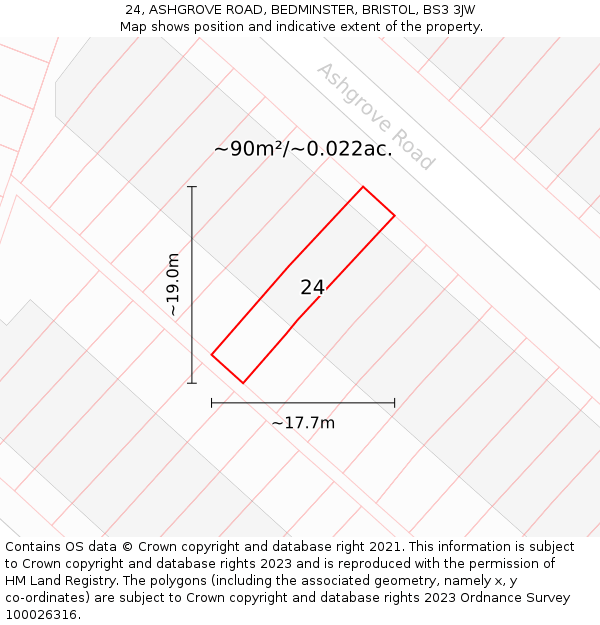 24, ASHGROVE ROAD, BEDMINSTER, BRISTOL, BS3 3JW: Plot and title map