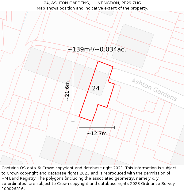 24, ASHTON GARDENS, HUNTINGDON, PE29 7HG: Plot and title map