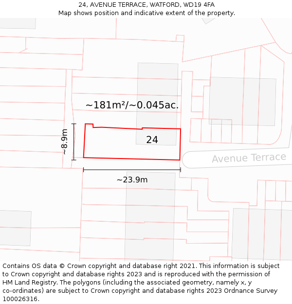 24, AVENUE TERRACE, WATFORD, WD19 4FA: Plot and title map