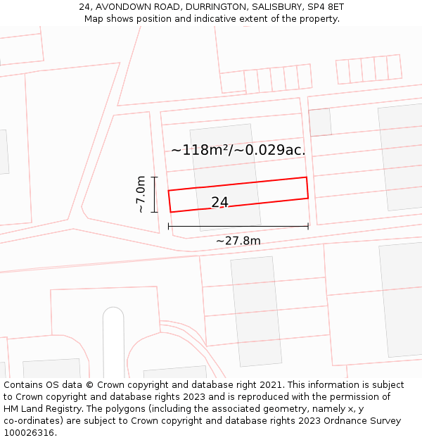 24, AVONDOWN ROAD, DURRINGTON, SALISBURY, SP4 8ET: Plot and title map