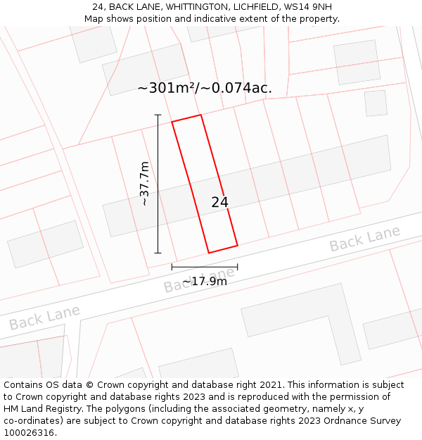 24, BACK LANE, WHITTINGTON, LICHFIELD, WS14 9NH: Plot and title map
