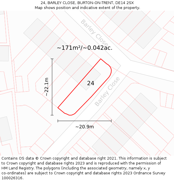 24, BARLEY CLOSE, BURTON-ON-TRENT, DE14 2SX: Plot and title map