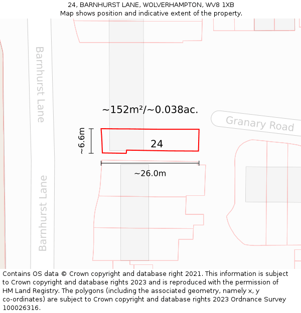 24, BARNHURST LANE, WOLVERHAMPTON, WV8 1XB: Plot and title map