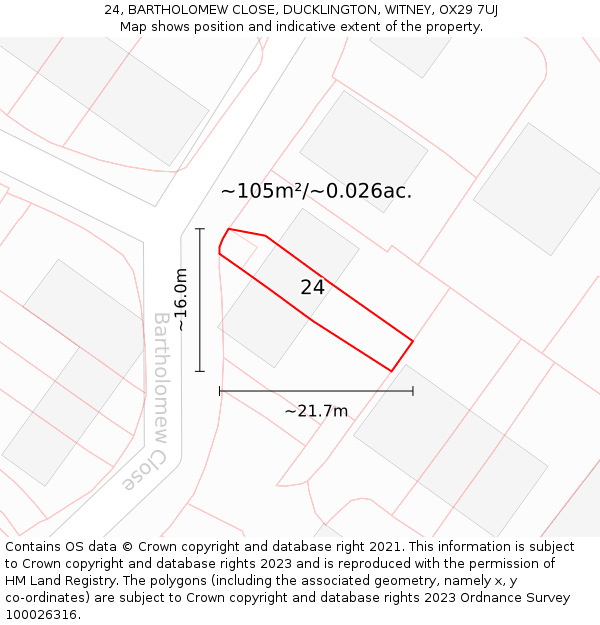 24, BARTHOLOMEW CLOSE, DUCKLINGTON, WITNEY, OX29 7UJ: Plot and title map