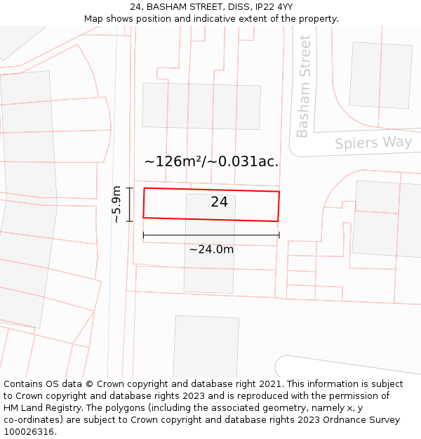 24, BASHAM STREET, DISS, IP22 4YY: Plot and title map