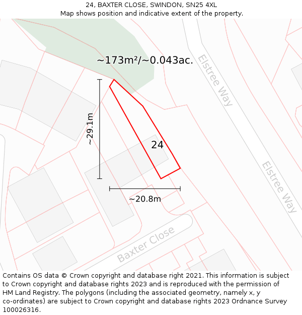 24, BAXTER CLOSE, SWINDON, SN25 4XL: Plot and title map