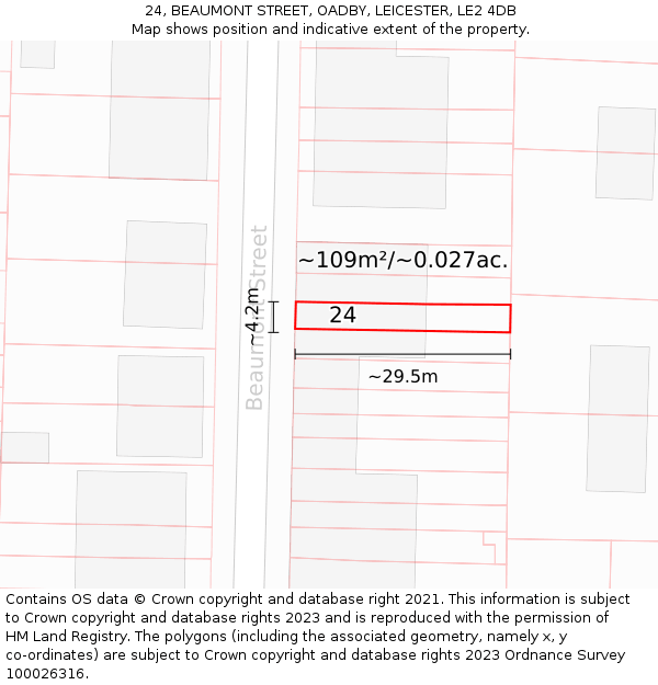 24, BEAUMONT STREET, OADBY, LEICESTER, LE2 4DB: Plot and title map