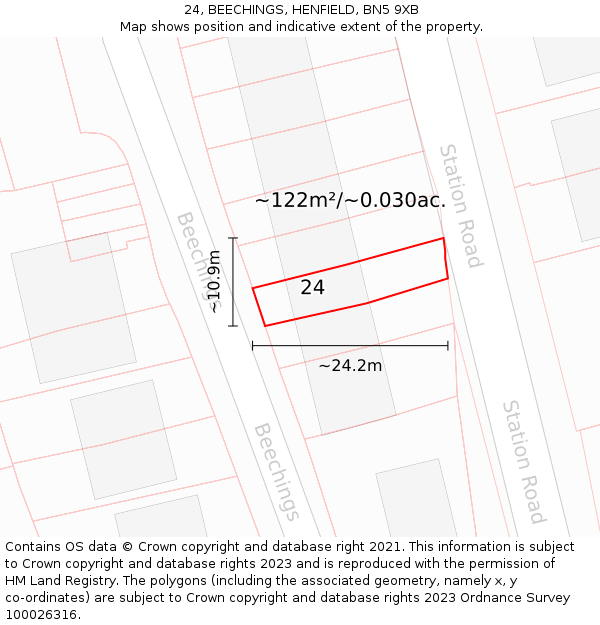 24, BEECHINGS, HENFIELD, BN5 9XB: Plot and title map