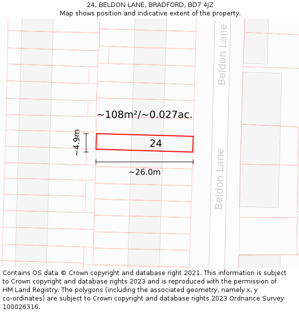 24, BELDON LANE, BRADFORD, BD7 4JZ: Plot and title map