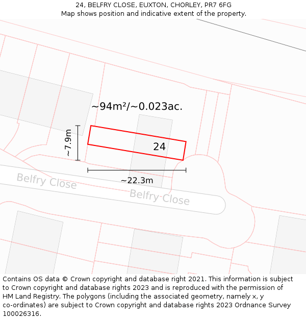24, BELFRY CLOSE, EUXTON, CHORLEY, PR7 6FG: Plot and title map
