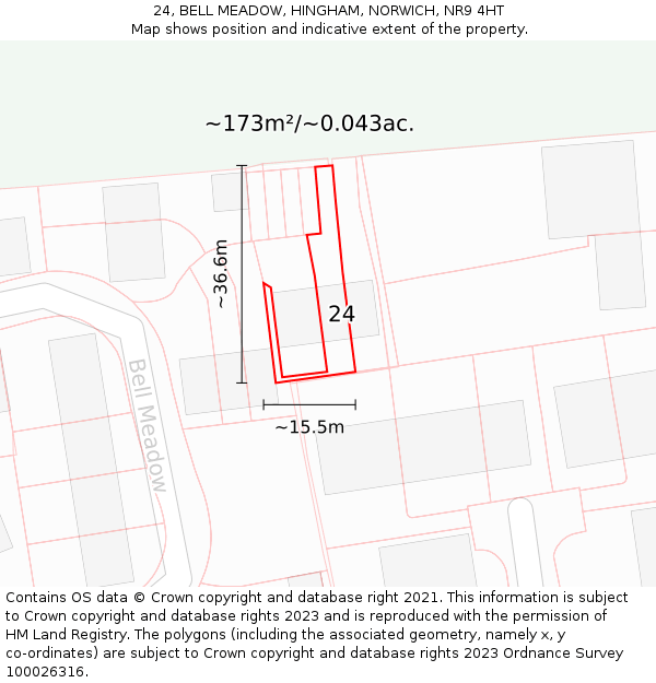 24, BELL MEADOW, HINGHAM, NORWICH, NR9 4HT: Plot and title map