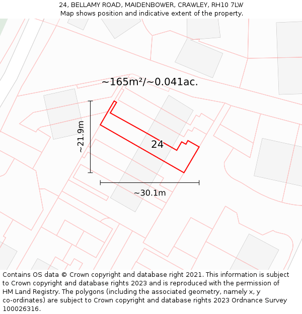24, BELLAMY ROAD, MAIDENBOWER, CRAWLEY, RH10 7LW: Plot and title map