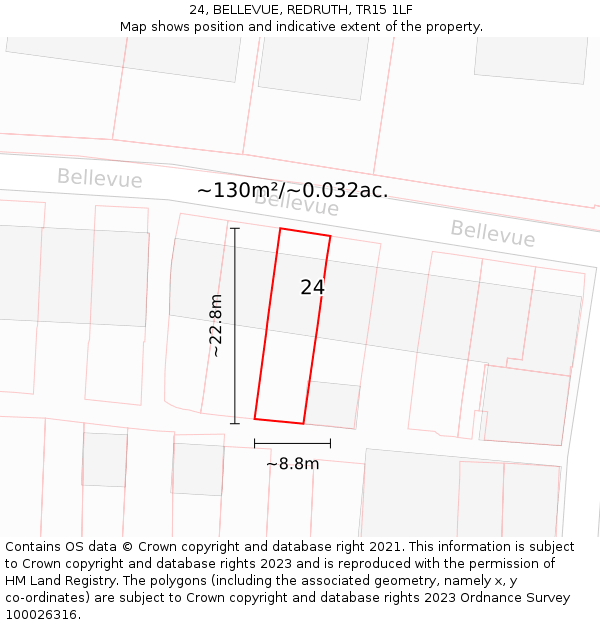 24, BELLEVUE, REDRUTH, TR15 1LF: Plot and title map