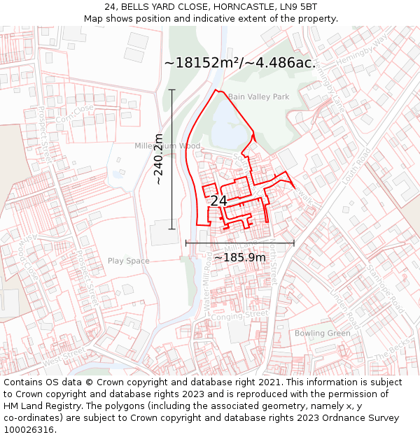 24, BELLS YARD CLOSE, HORNCASTLE, LN9 5BT: Plot and title map