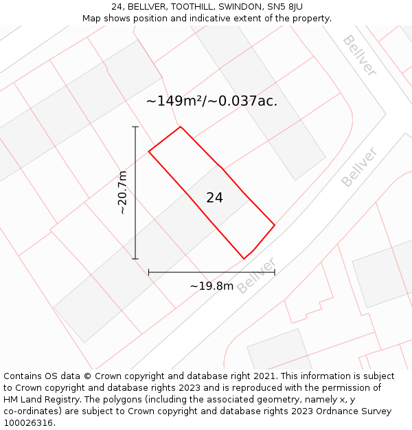 24, BELLVER, TOOTHILL, SWINDON, SN5 8JU: Plot and title map