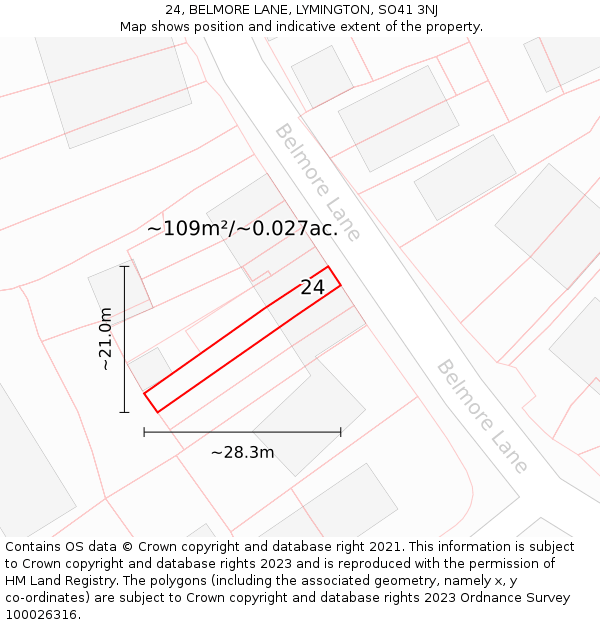 24, BELMORE LANE, LYMINGTON, SO41 3NJ: Plot and title map