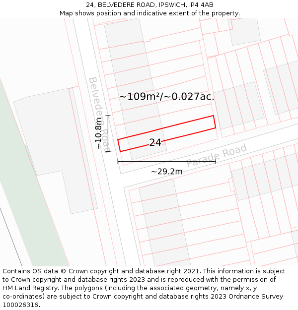 24, BELVEDERE ROAD, IPSWICH, IP4 4AB: Plot and title map