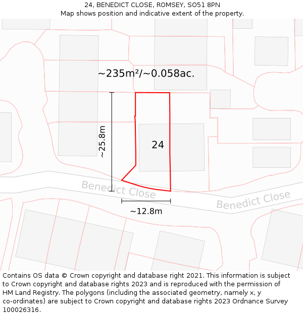 24, BENEDICT CLOSE, ROMSEY, SO51 8PN: Plot and title map